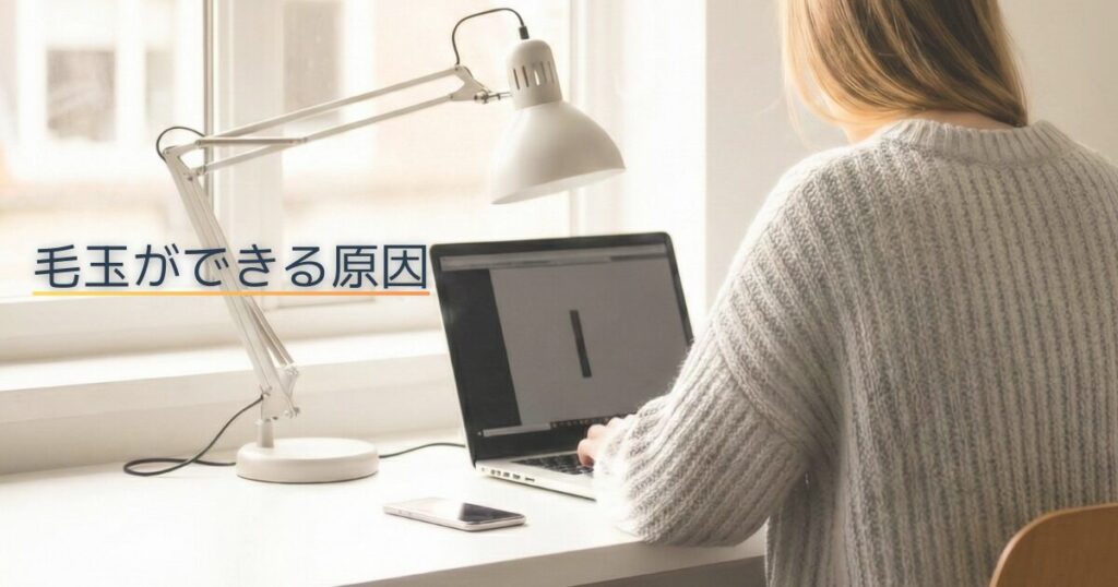 服に毛玉ができる原因を知るために、デスクで作業しているイメージ