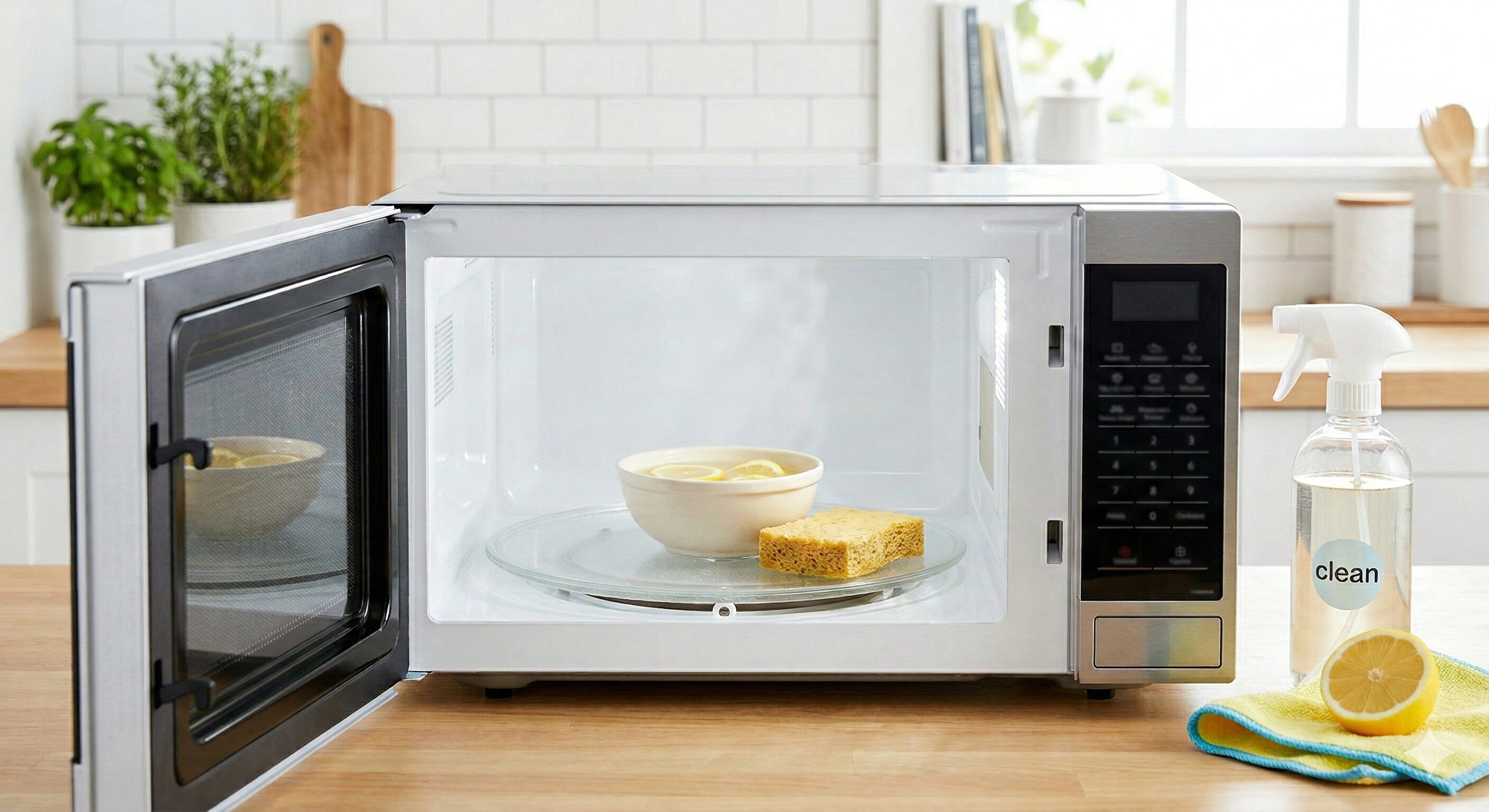 電子レンジの掃除風景。庫内に置かれたレモンの輪切り入りのボウルと、横に置かれた掃除用スプレー