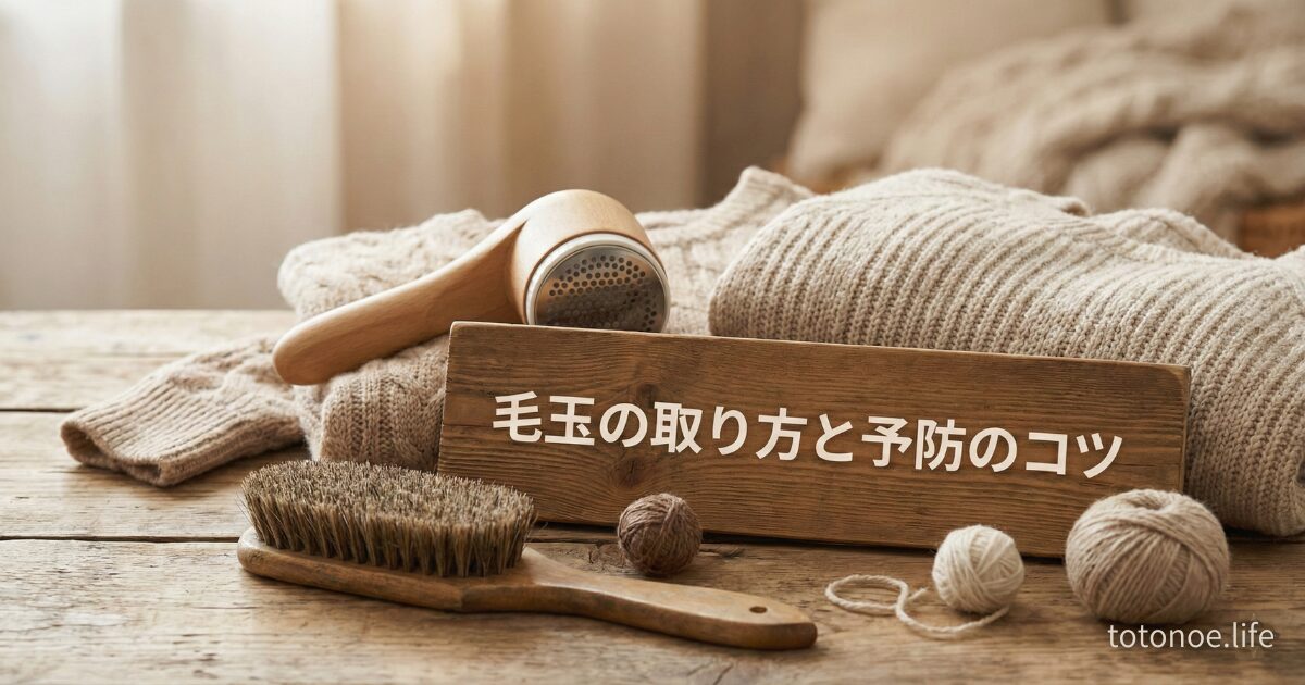 毛玉の取り方と予防のコツを紹介する記事のアイキャッチ画像(毛玉取り器、ブラシ、毛糸、ニットと木製ボードの背景)
