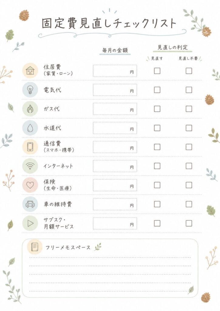 家賃やスマホ代、保険、サブスクなどを書き込める固定費見直しチェックリスト
