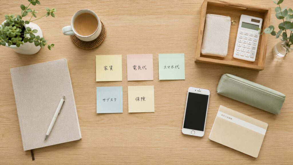 家賃やスマホ代などの固定費を書き出した付箋と、ノートや電卓が並ぶデスクの俯瞰写真