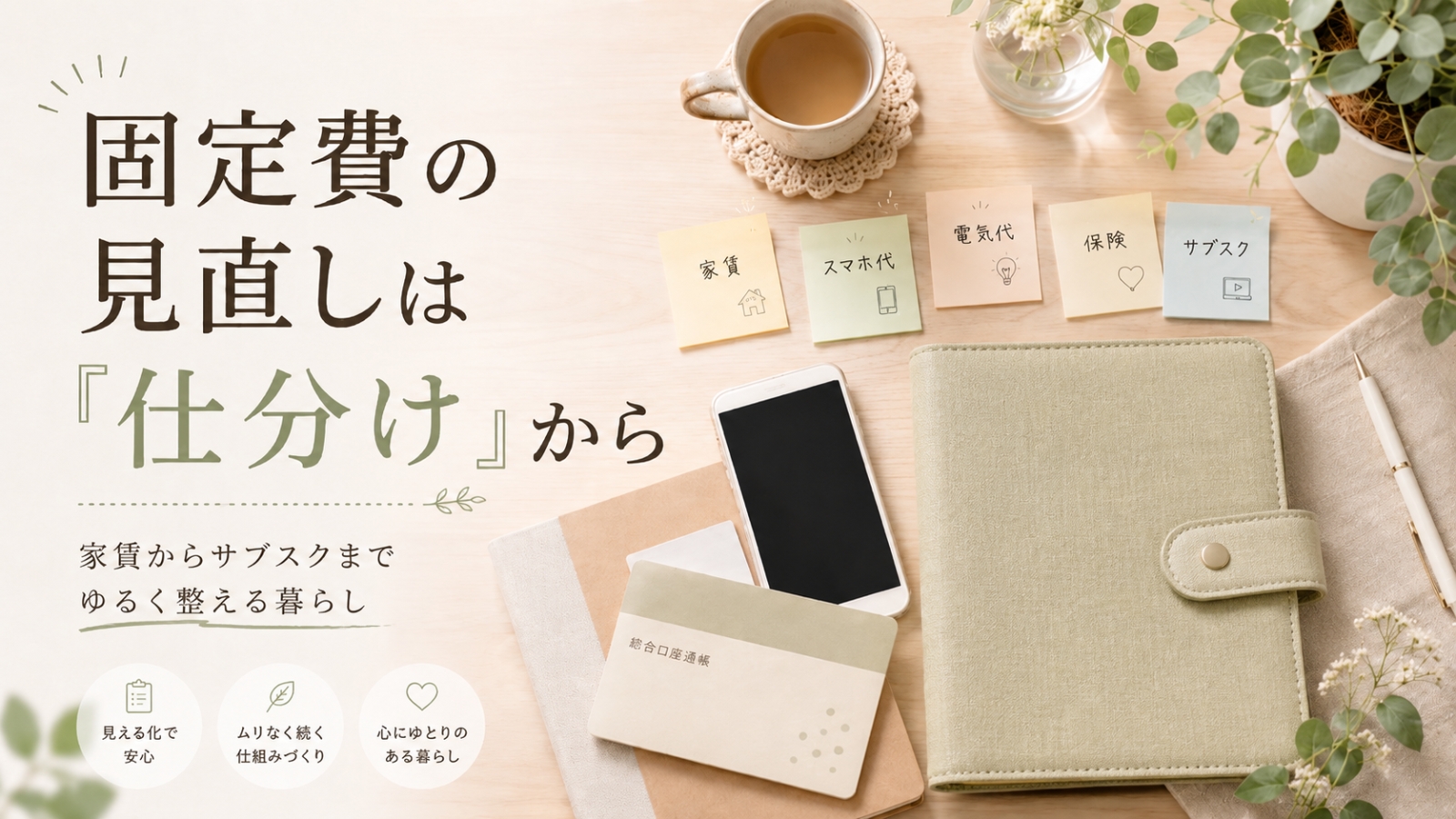 家賃やスマホ代、保険、サブスクなどの固定費をノートや付箋で整理している北欧風のデスク
