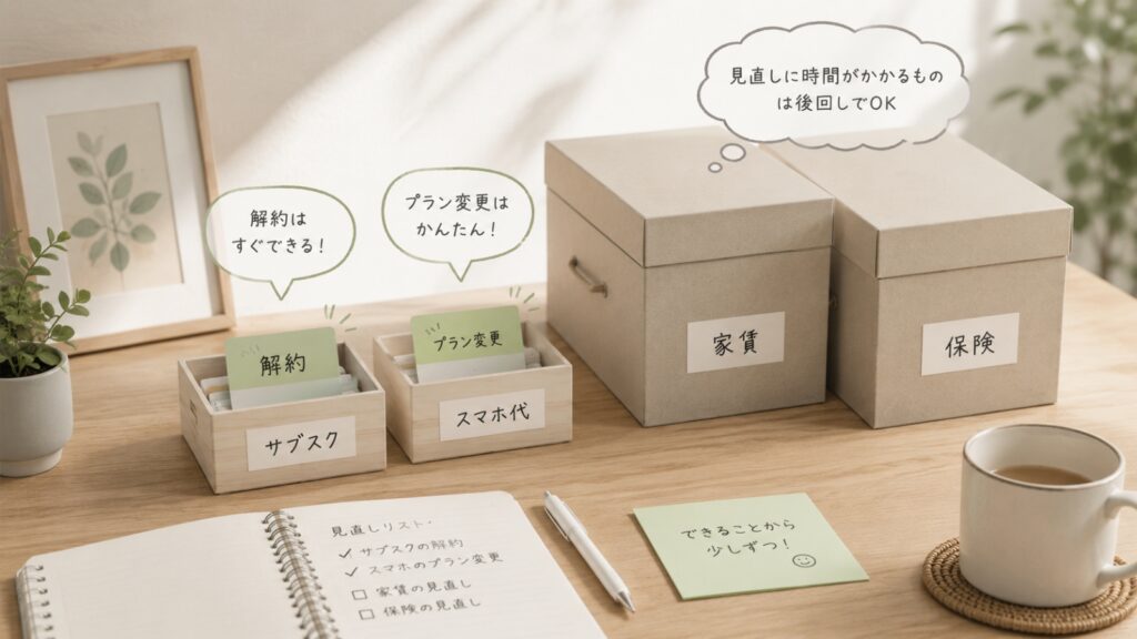 サブスクやスマホ代など「すぐできるもの」を小さな箱に、家賃や保険など「時間がかかるもの」を大きな箱に分けて、見直しの優先順位を図解したイメージ