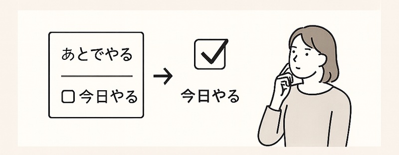 「あとでやる」と「今日やる」を比較するイラスト。行動経済学の“現在バイアス”をわかりやすく描いている。