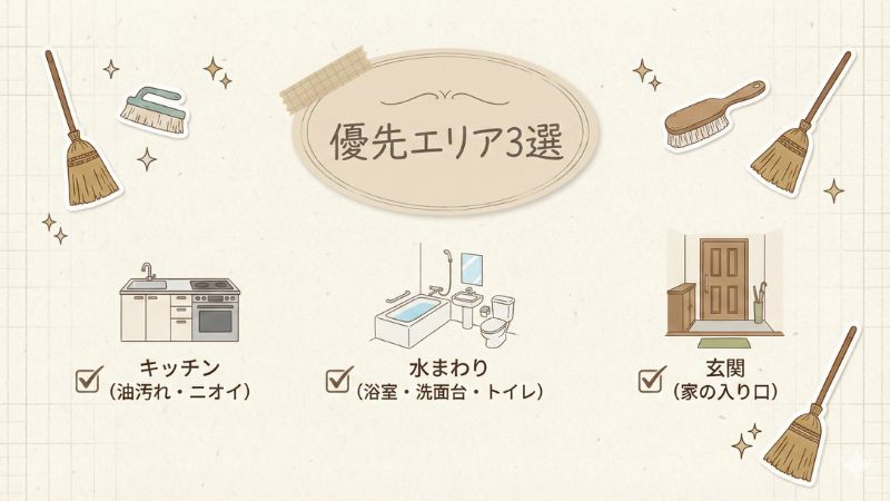 年末掃除で優先したいキッチン・水まわり・玄関の3エリアをまとめたイラスト