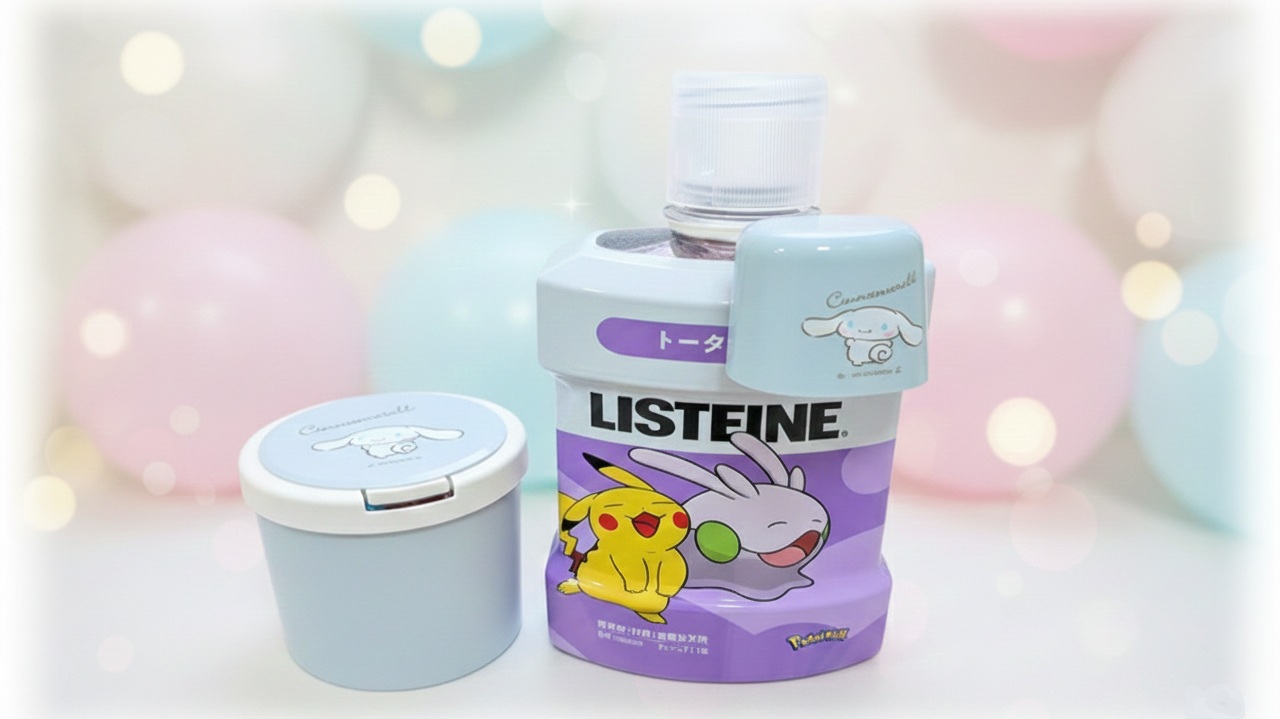 シナモロールの容器と、ピカチュウ＆ヌメラデザインのリステリンを並べた洗面台の写真。淡いパステル背景で可愛らしい雰囲気。
