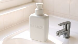 白い洗面台に置かれたマウスウォッシュ用ポンプボトルのシンプルな写真