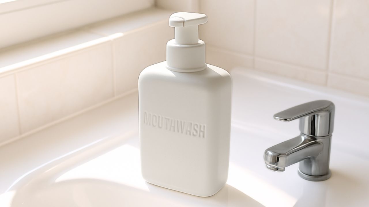 白い洗面台に置かれたマウスウォッシュ用ポンプボトルのシンプルな写真