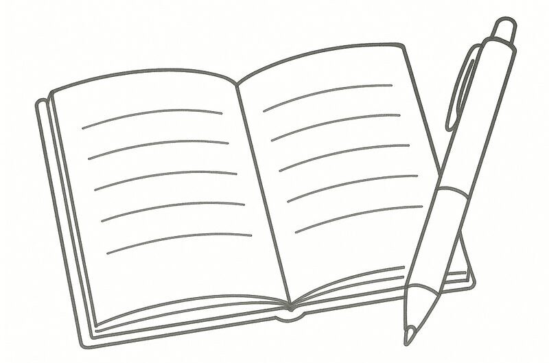 白背景にノートとペンを描いたやわらかな線画イラスト。書くことで思考を整理するイメージ。