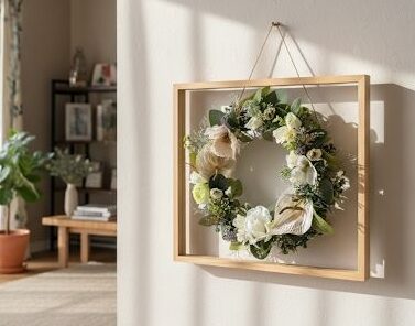 四角いフレームに花材を配置したフレームリース