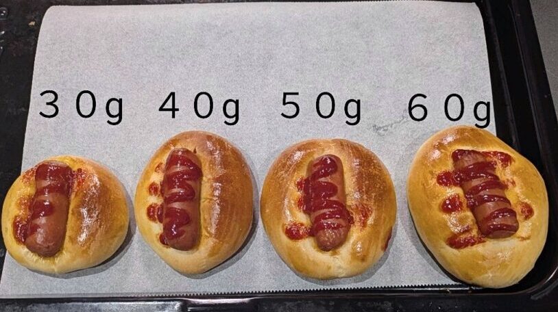 30g・40g・50g・60gで焼き上げたウィンナーパンのサイズ比較
