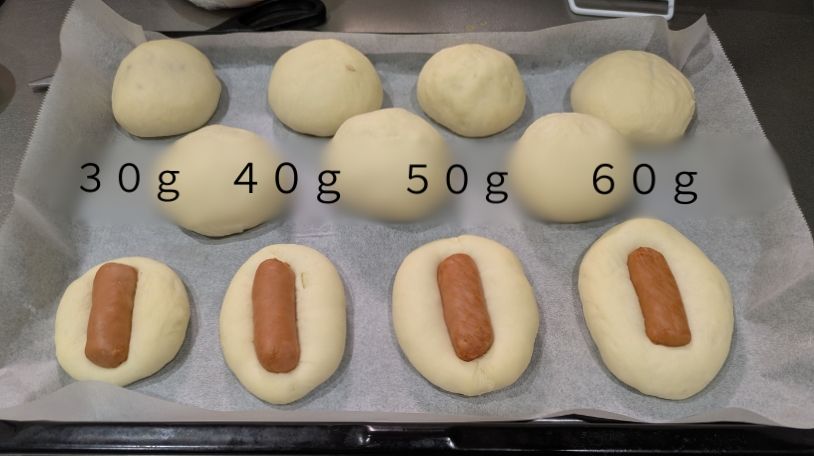 二次発酵後にふっくら膨らんだ30g〜60gのパン生地サイズ比較