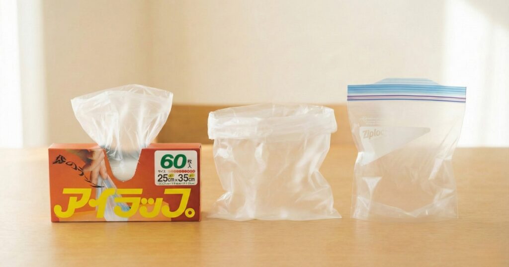 アイラップとポリ袋、ジッパー付き袋を並べた比較イメージ