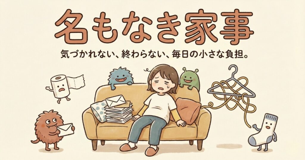 名もなき家事に疲れてソファでぐったりする女性と、郵便物や洗濯物などの家事を表したイラスト
