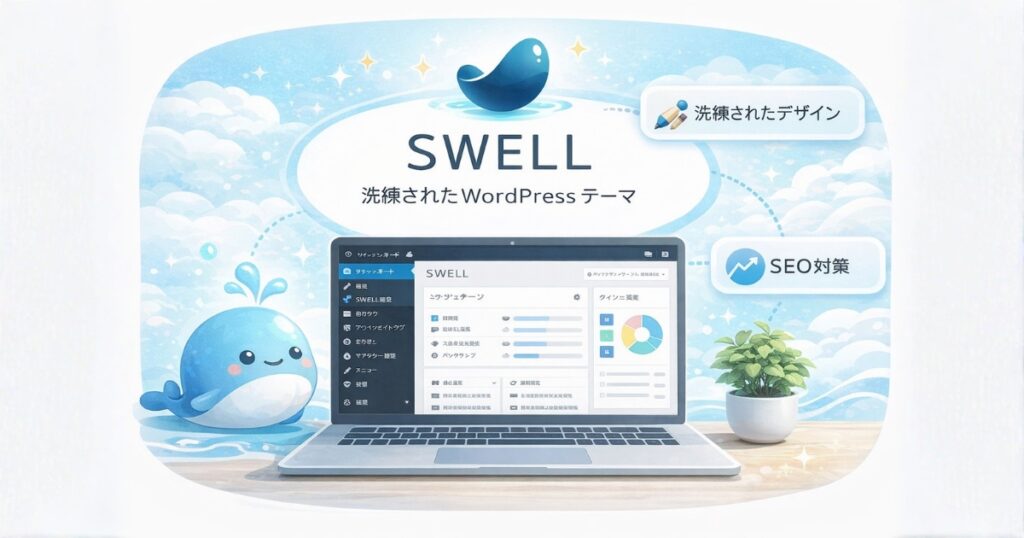 SWELLの洗練されたデザインやSEO対策などの特徴を表したイメージ画像