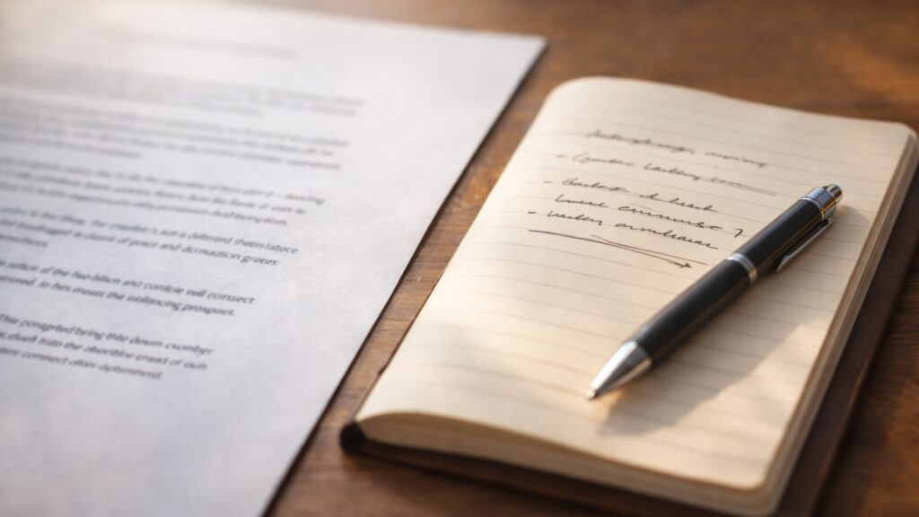 整然とした印刷文章と手書きメモのノート。整っている文章と自分の温度の対比を表現したイメージ。