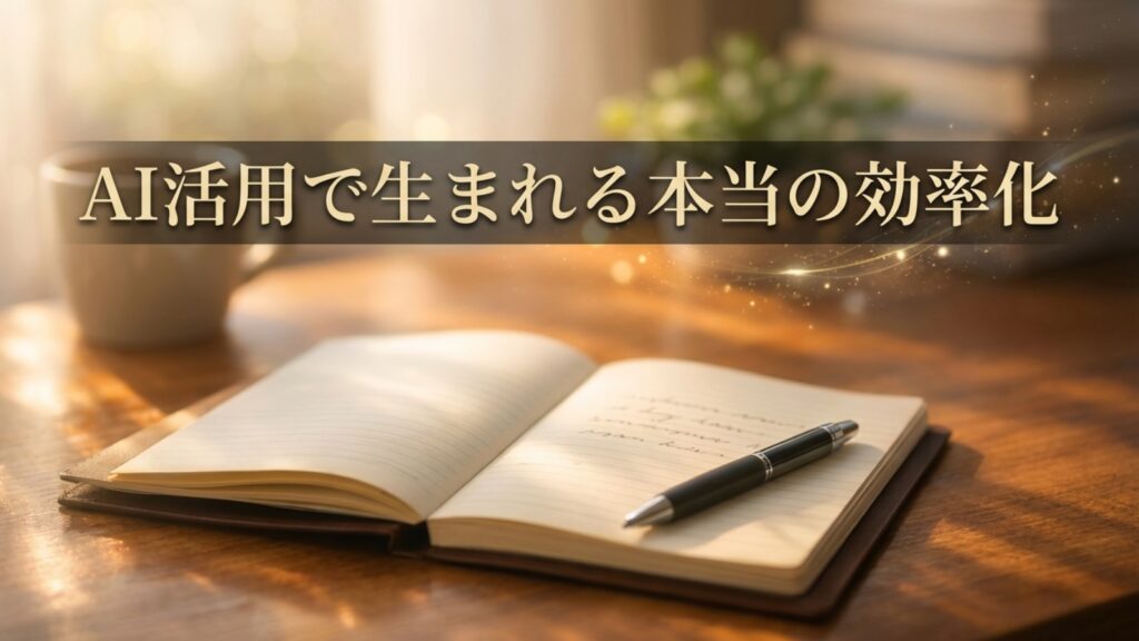 朝の光が差し込む机の上に開いたノートとペン。AIと対話しながら思考を整えるイメージ。
