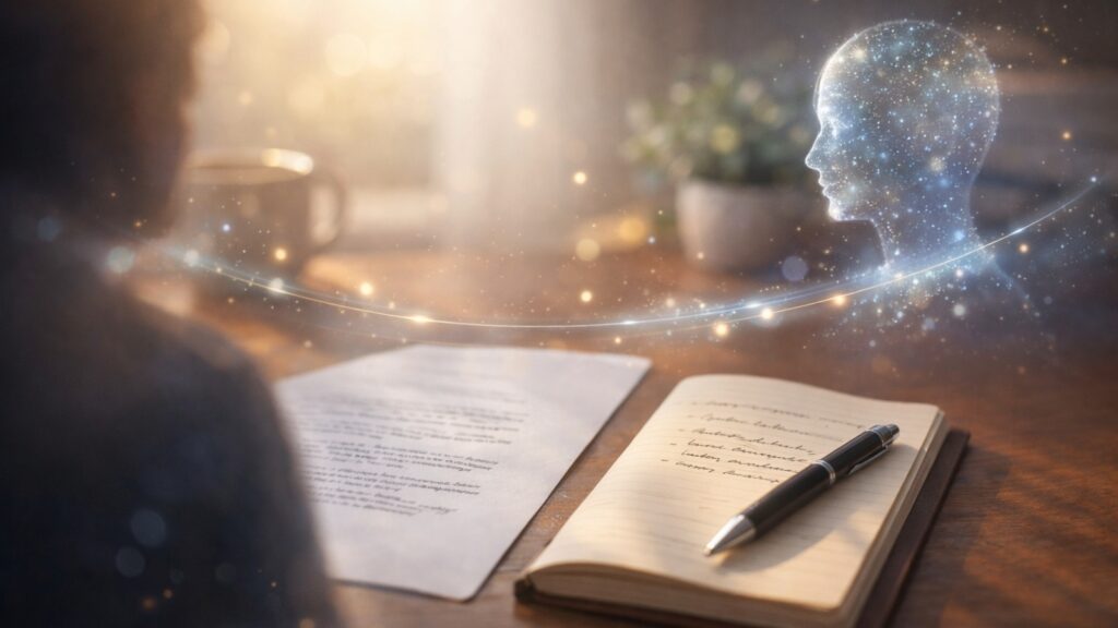 ノートに向かう人物と淡い光のAIシルエット。AIを相棒として共創するイメージ。