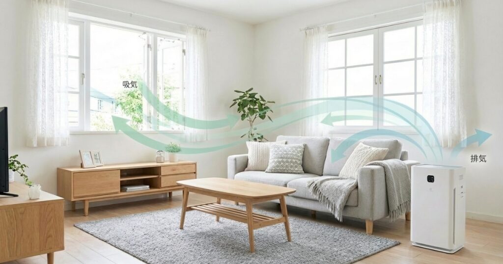 窓から取り入れた空気が室内を通り、空気清浄機でろ過されて排気される空気の流れのイメージ