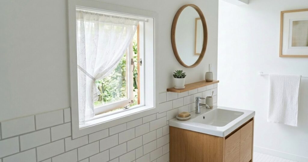 レースカーテン越しに窓を約10cm開けて換気している洗面所の様子