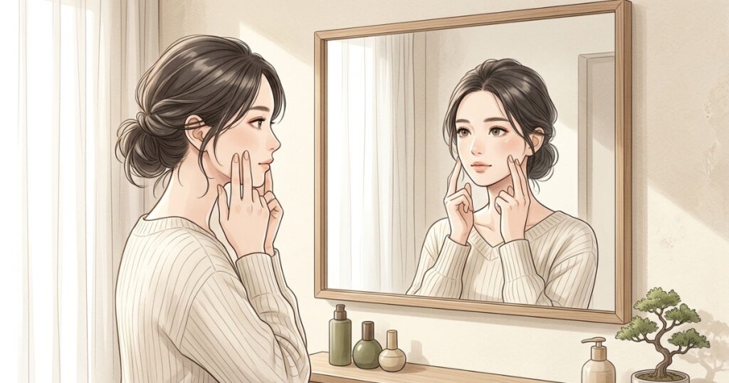 鏡を見ながら顔の左右バランスをチェックする女性のイメージ
