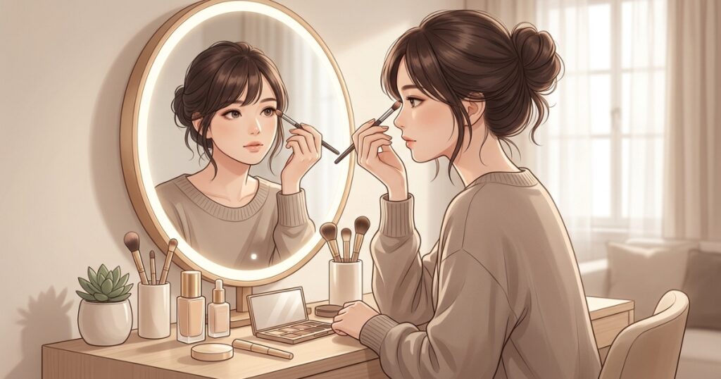 鏡を見ながらメイクのバランスを整える女性のイメージ