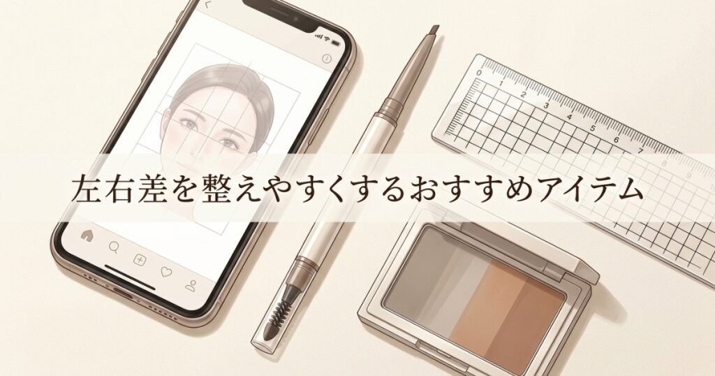 左右差メイクを整えるためのメイク道具とスマートフォンのイメージ