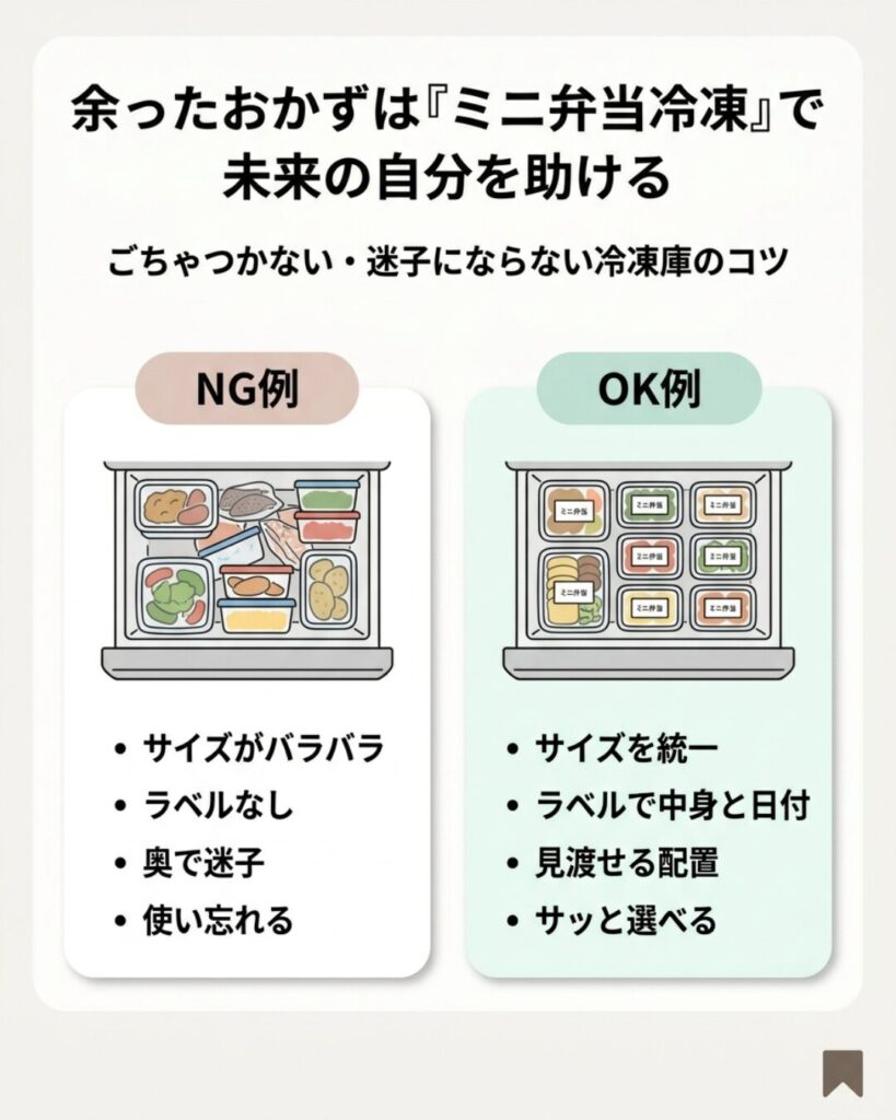 冷凍庫の整理方法のNG例とOK例を比較した図解