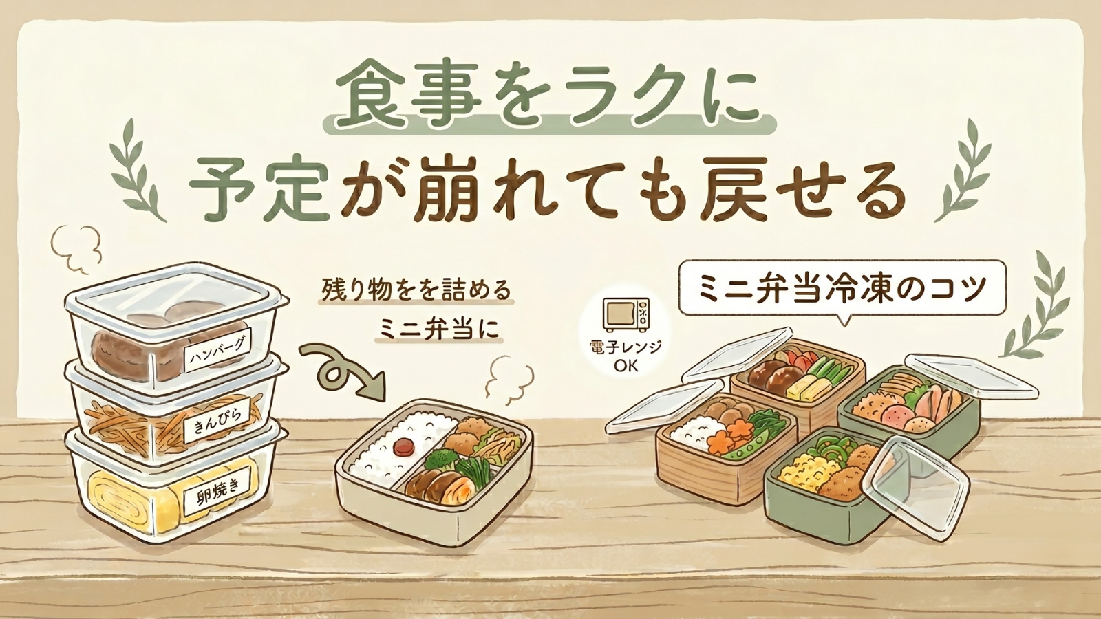 食事をラクにするためのミニ弁当冷凍と作り置きのイメージ