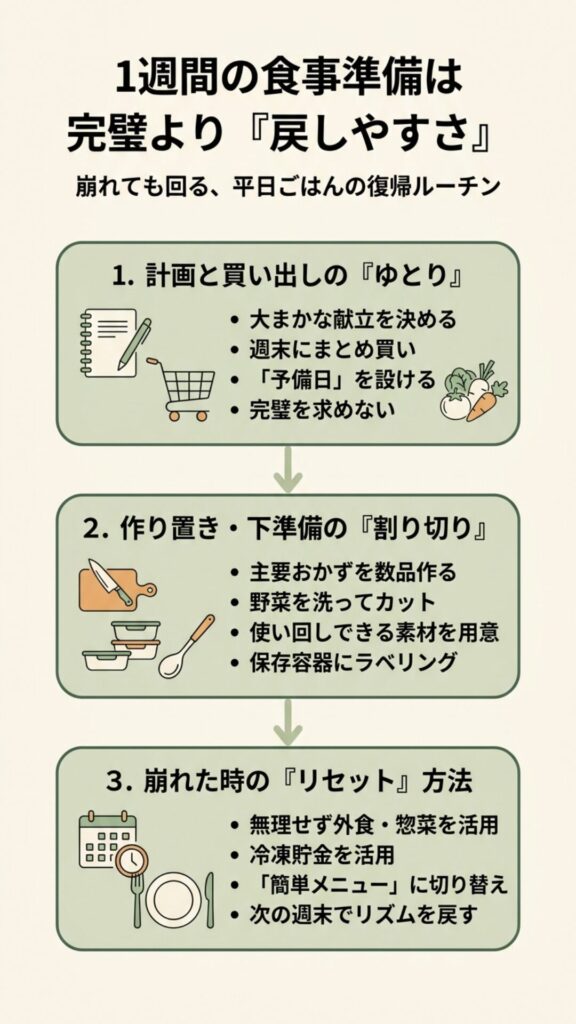 1週間の食事準備を無理なく回すための流れと考え方の図解