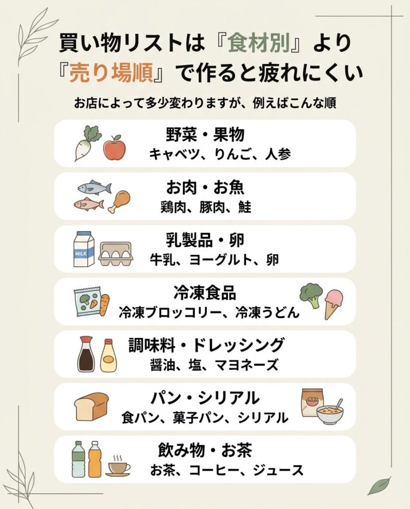 買い物リストを売り場順で作ることで疲れにくくなる順番の例をまとめた図解
