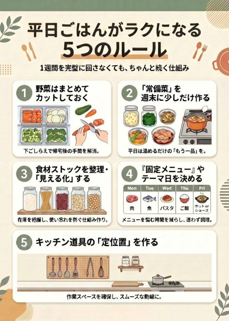 平日ごはんをラクにするための5つのルールをまとめた図解