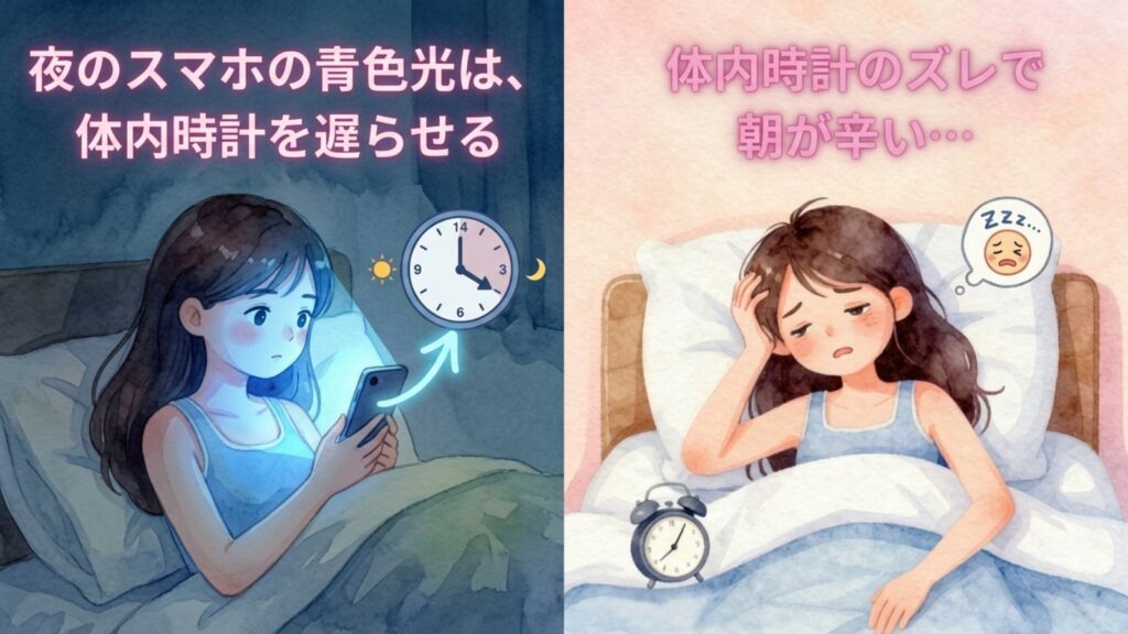 夜のスマホのブルーライトで体内時計が遅れ、朝起きづらくなる様子を示したイラスト