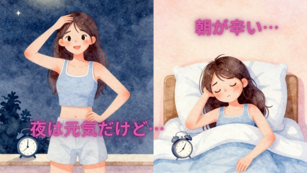 夜は元気に活動できるが朝は起きられずつらい女性のイメージイラスト