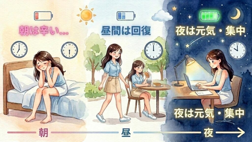 夜型の人の1日のリズム(朝はつらく昼は回復、夜は集中できる)を示したイラスト