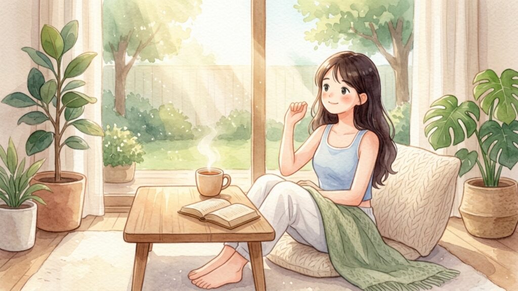 自分のリズムでゆったり過ごしながら読書やコーヒーを楽しむ女性のイラスト