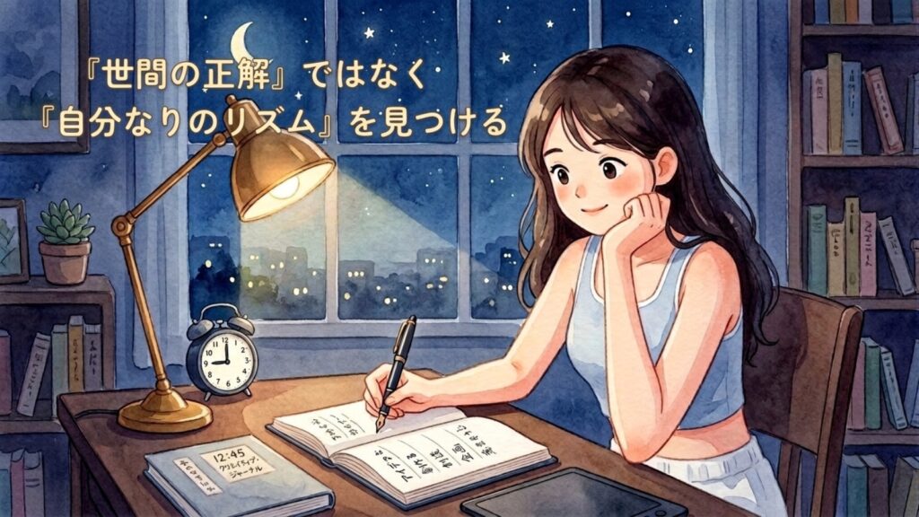自分のリズムで夜に落ち着いて作業する女性と「自分なりのリズムを見つける」というメッセージのイラスト
