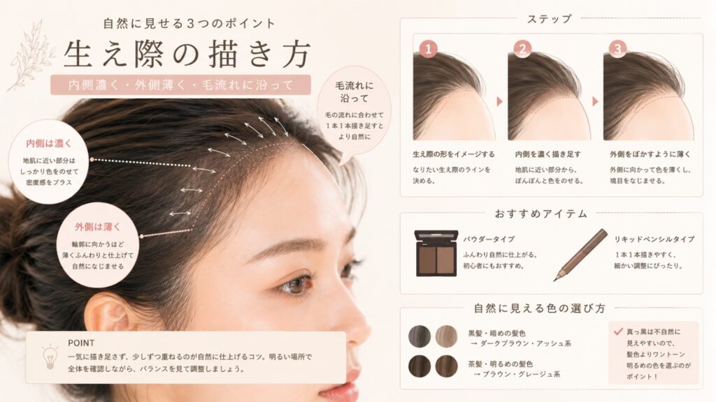 生え際メイクの描き方を矢印と毛流れで解説したヘアラインメイクの図解画像