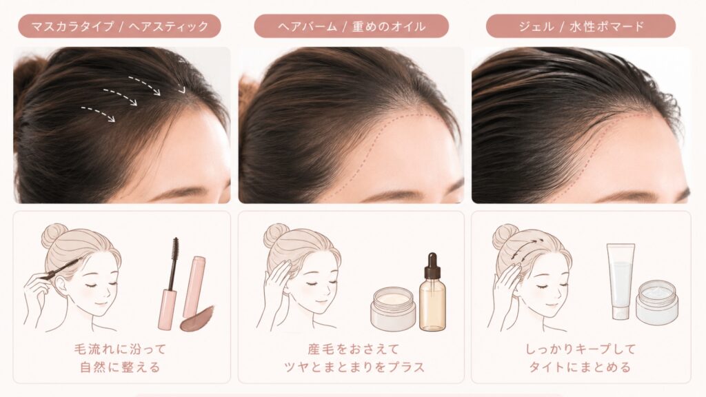 マスカラタイプ・ヘアバーム・ジェルによる生え際スタイリングの仕上がりを比較した画像