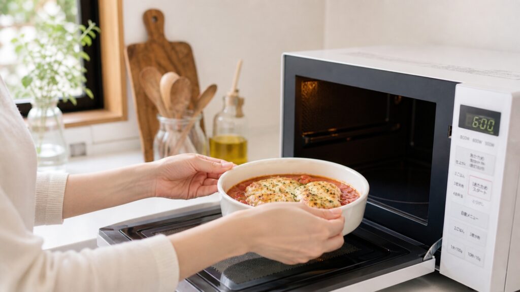 電子レンジで簡単に調理する時短料理のイメージ