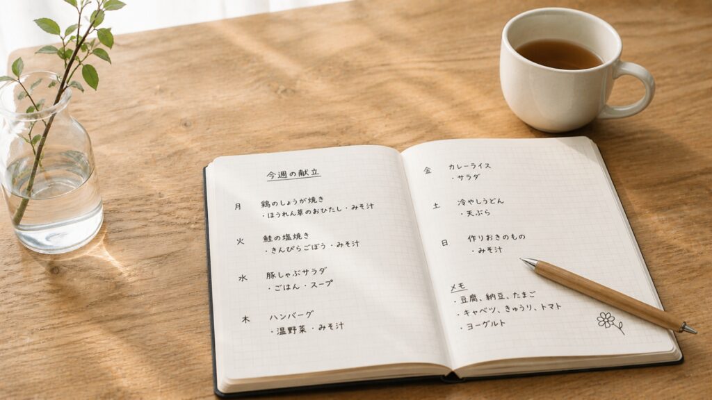 手書きの週間献立ノート（曜日ごとのメニュー例）