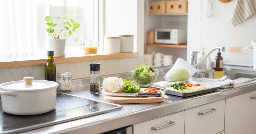 キッチンで野菜をカットして下準備している様子。平日ごはんをラクにするための準備イメージ