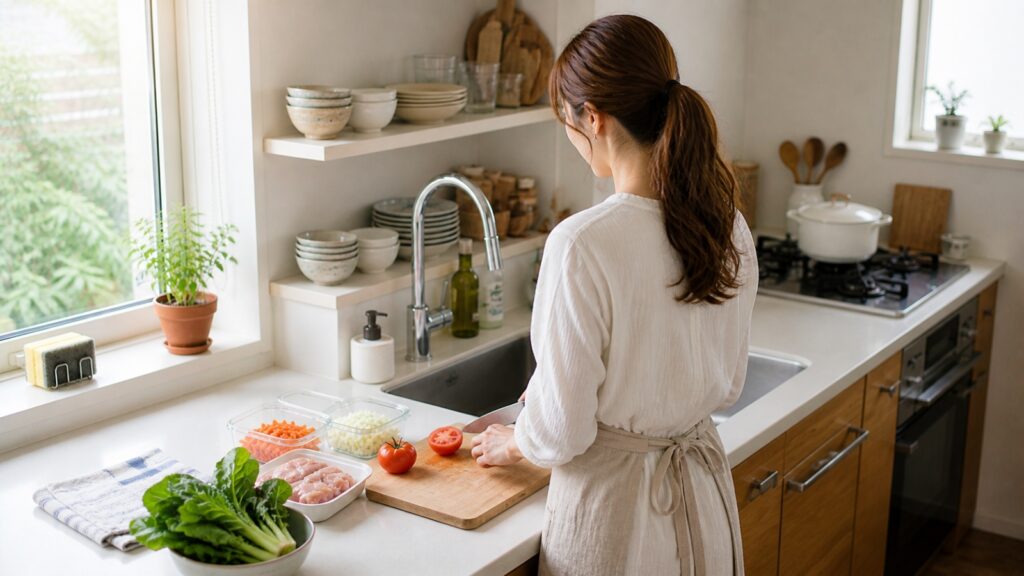 キッチンで食材を切る女性の調理風景（下準備の様子）