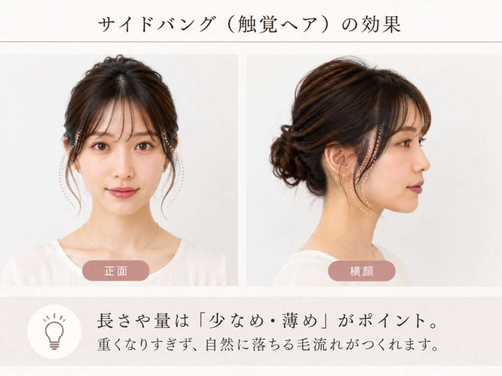 サイドバング（触覚ヘア）による顔まわりのカバー効果を正面と横顔で紹介したヘアスタイル画像