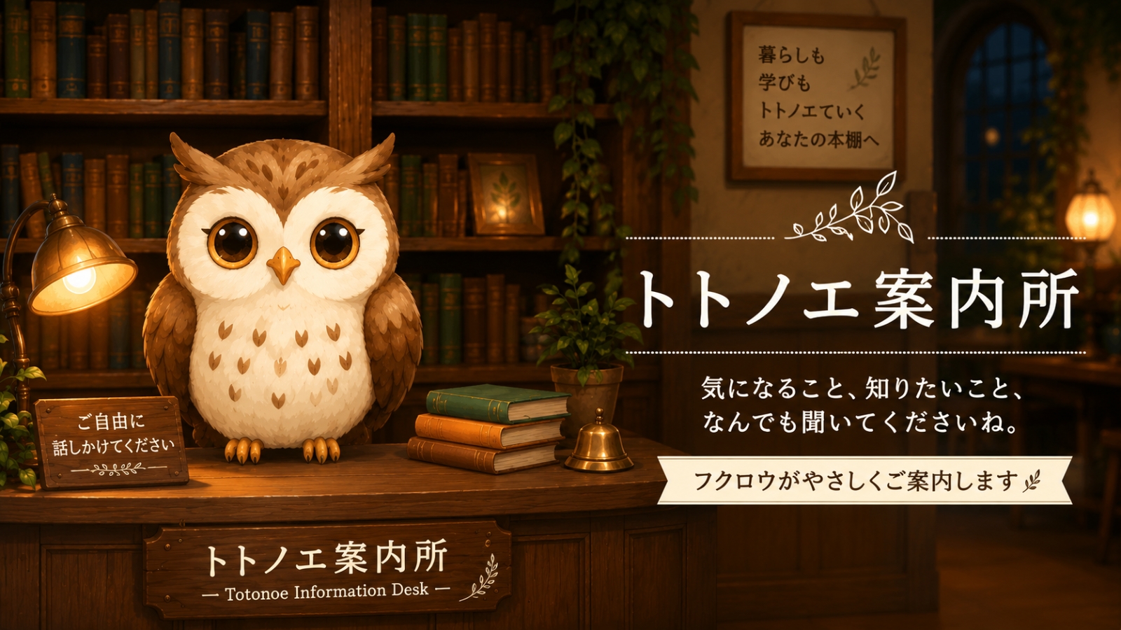 トトノエ案内所で本棚の前に座るフクロウ案内役のアイキャッチ画像