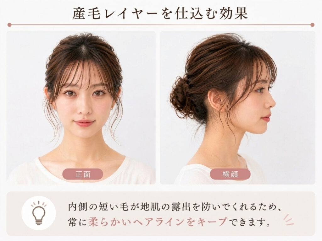内側の短い毛で地肌の露出を防ぎ、柔らかいヘアラインをキープする産毛レイヤーのイメージ画像