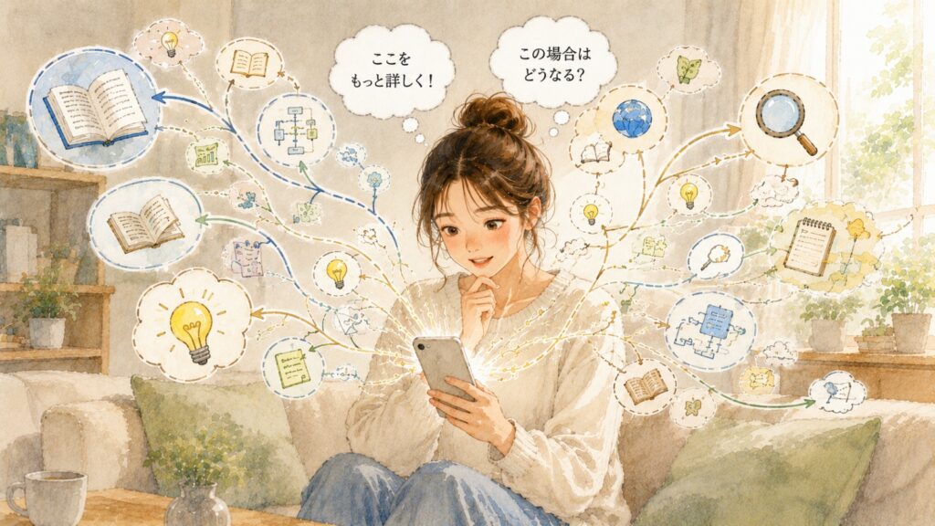 スマートフォンから次々と知識やアイデアが広がる常時読込モードを表したイラスト