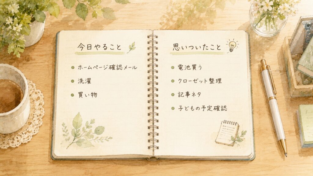 今日やることと思いついたことを見開きノートで分けて整理する方法のイラスト