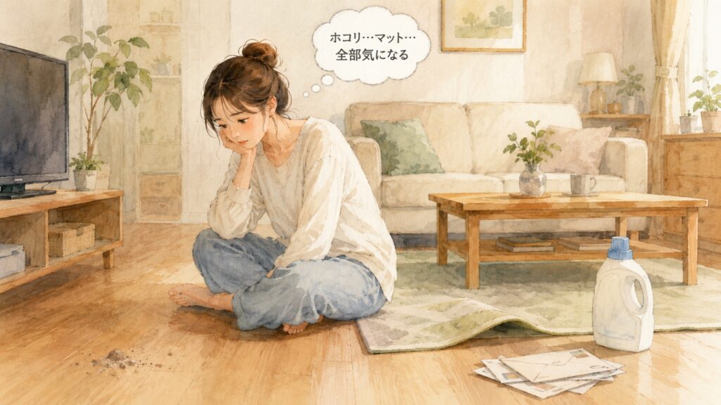 部屋の小さなホコリや郵便物など気になるものを次々に見つけてしまう環境スキャン体質のイラスト