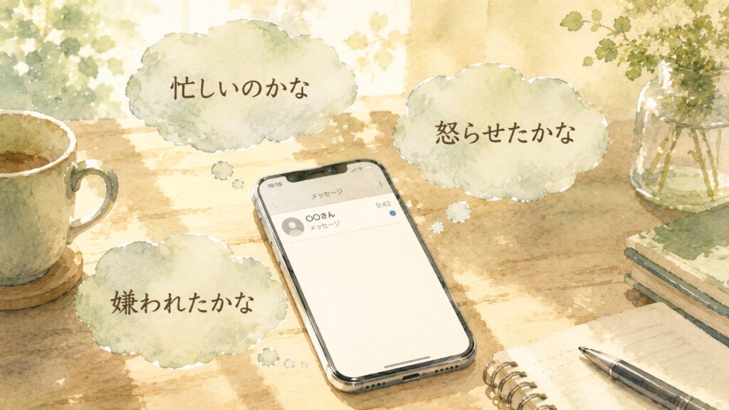 返信が遅いという事実と想像による意味づけの違いを表した水彩イラスト